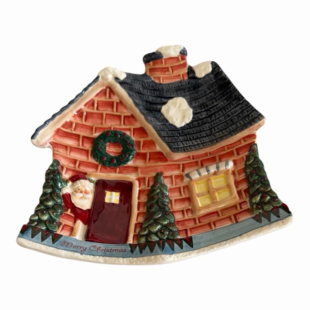 Vintage 2005 Fitz And Floyd Fireplace Santa Cookie Canape Plate Hand Painted 8x8